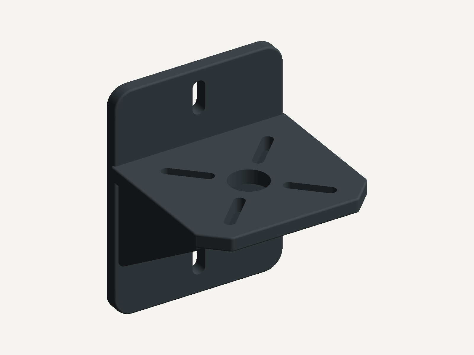 CAD render of the redesigned adaptable camera wall bracket with tapered supports and mounting slots